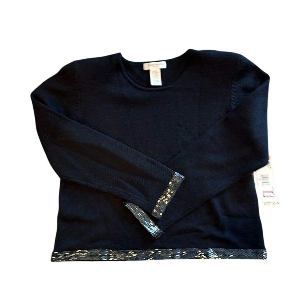 Jones New York Women's Blue Merino Wool Sweater Beaded Hem and Cuffs Size P/M